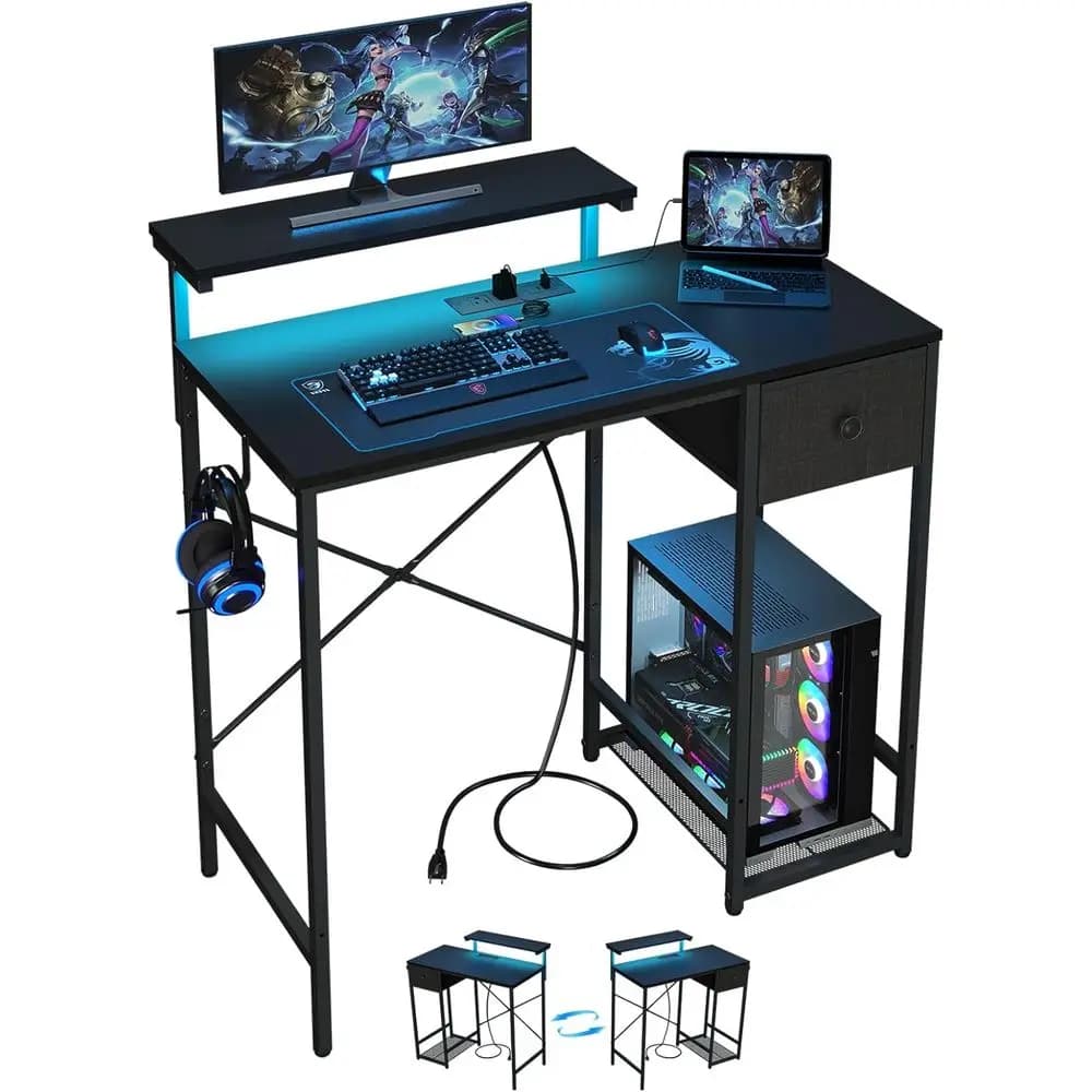Scrivania da Gaming Compatta da 33,5 Pollici con Luci LED e Prese di Corrente, Tavolo per Computer con Supporto Monitor e Porta PC, Postazione Gamer con Spazio di Archiviazione