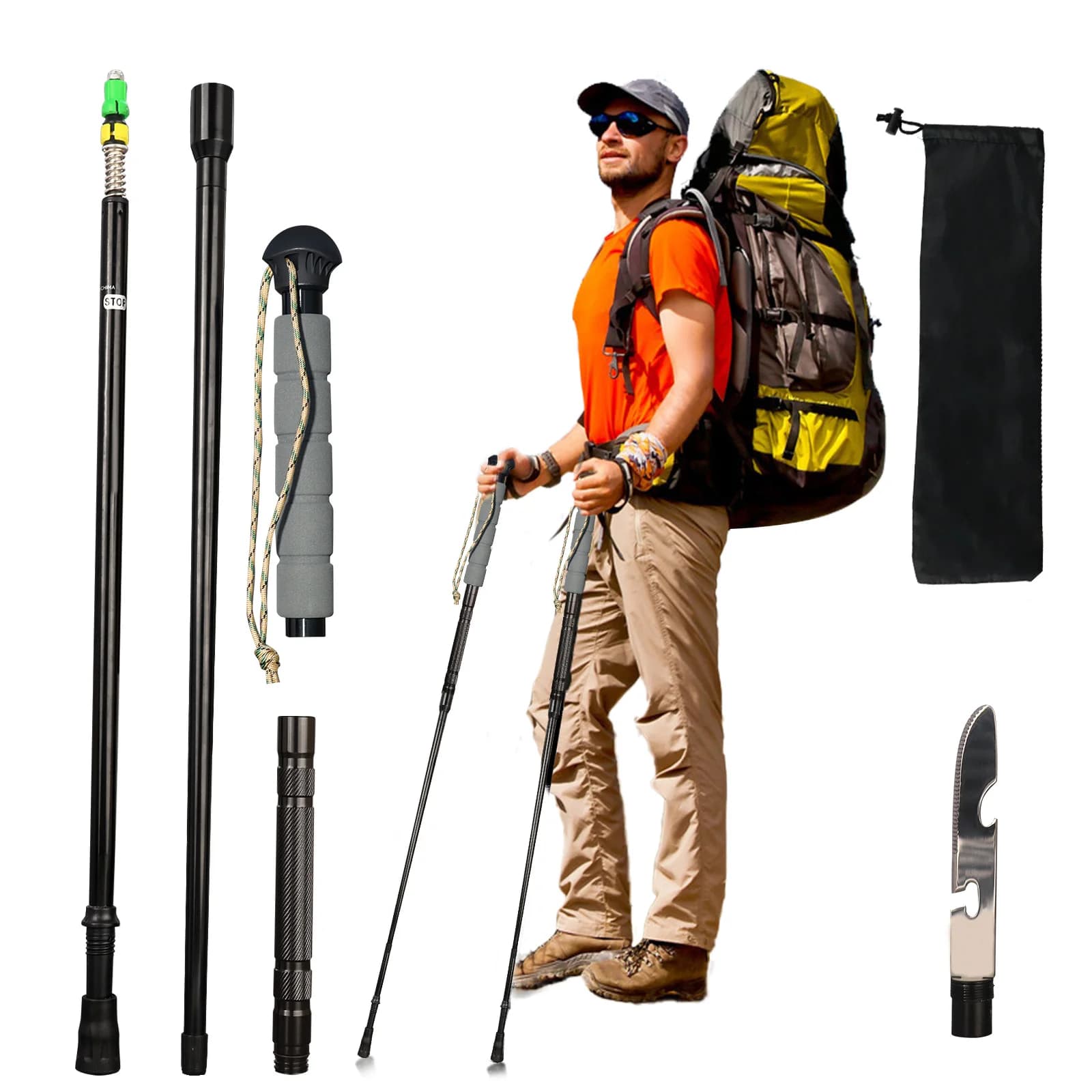Portable Trekking Poles Aluminum Alloy Adjustable Height Multi-Functional Lightweight Trekking Poles Walking Stick