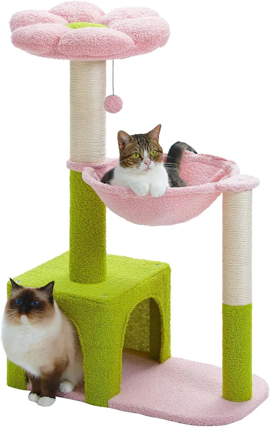 Albero per Gatti Rosa da 35 Pollici con Amaca, Tiragraffi in Sisal e Cuccia Accogliente per Gatti Domestici di Piccola Taglia