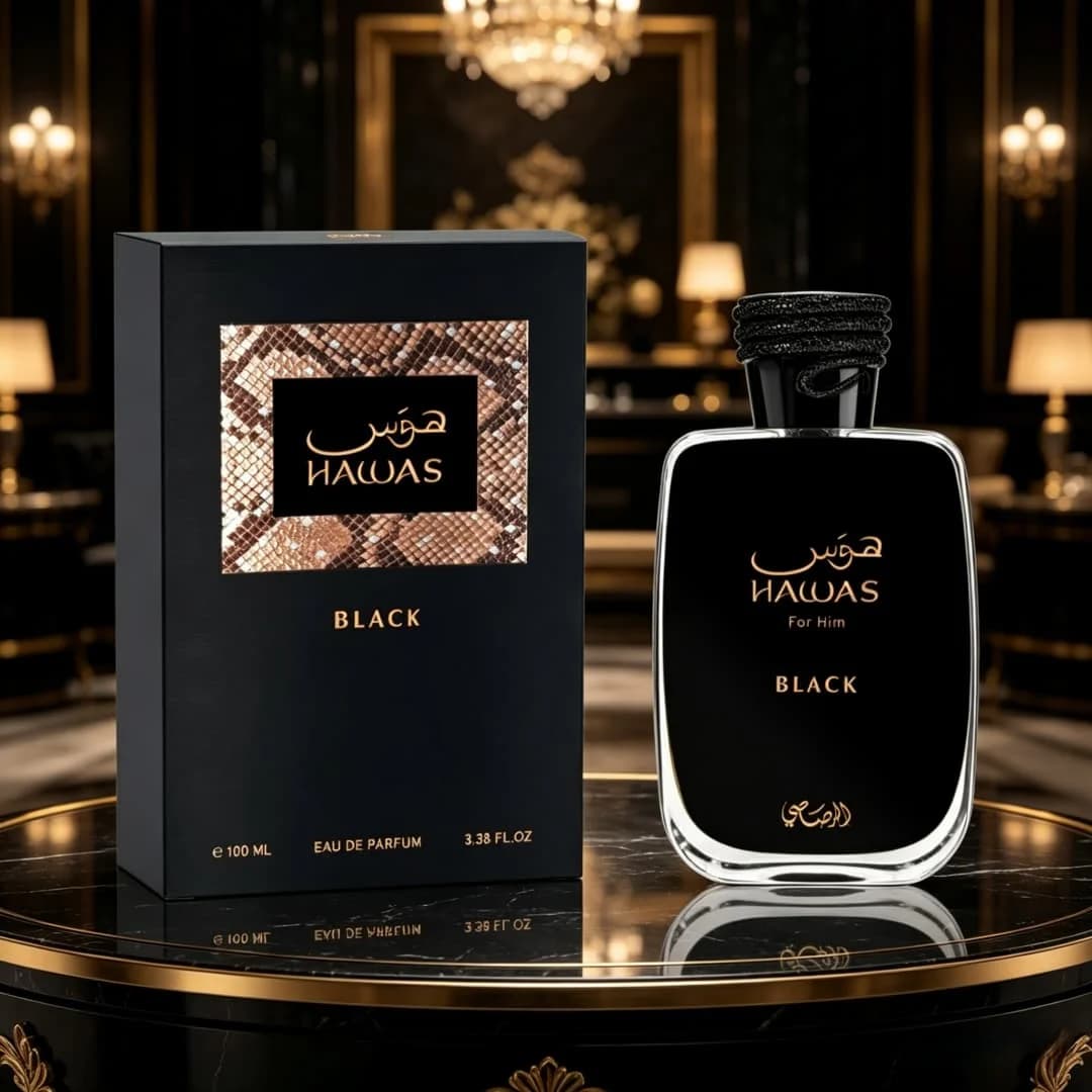 Rasasi Hawas Black EDP | Scatola in pelle di serpente, note luminose di agrumi e legno, vibrazione maschile sicura di sé.