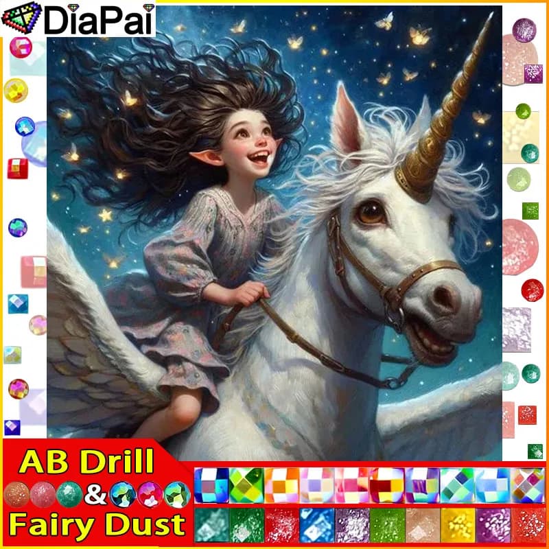 DIAPAI Fairy Dust AB "Girl Unicorn" Diamond Painting 5D Full Square/Round Drill Home Decor DIY Diamond Embroidery Cross Stitch