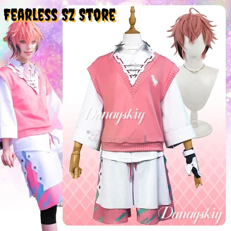 VTuber Virtual Idol Akagi Cosplay Costume 30CM Wig Pink Woolen Vest Full Set For Women Men Halloween Carnival Suit