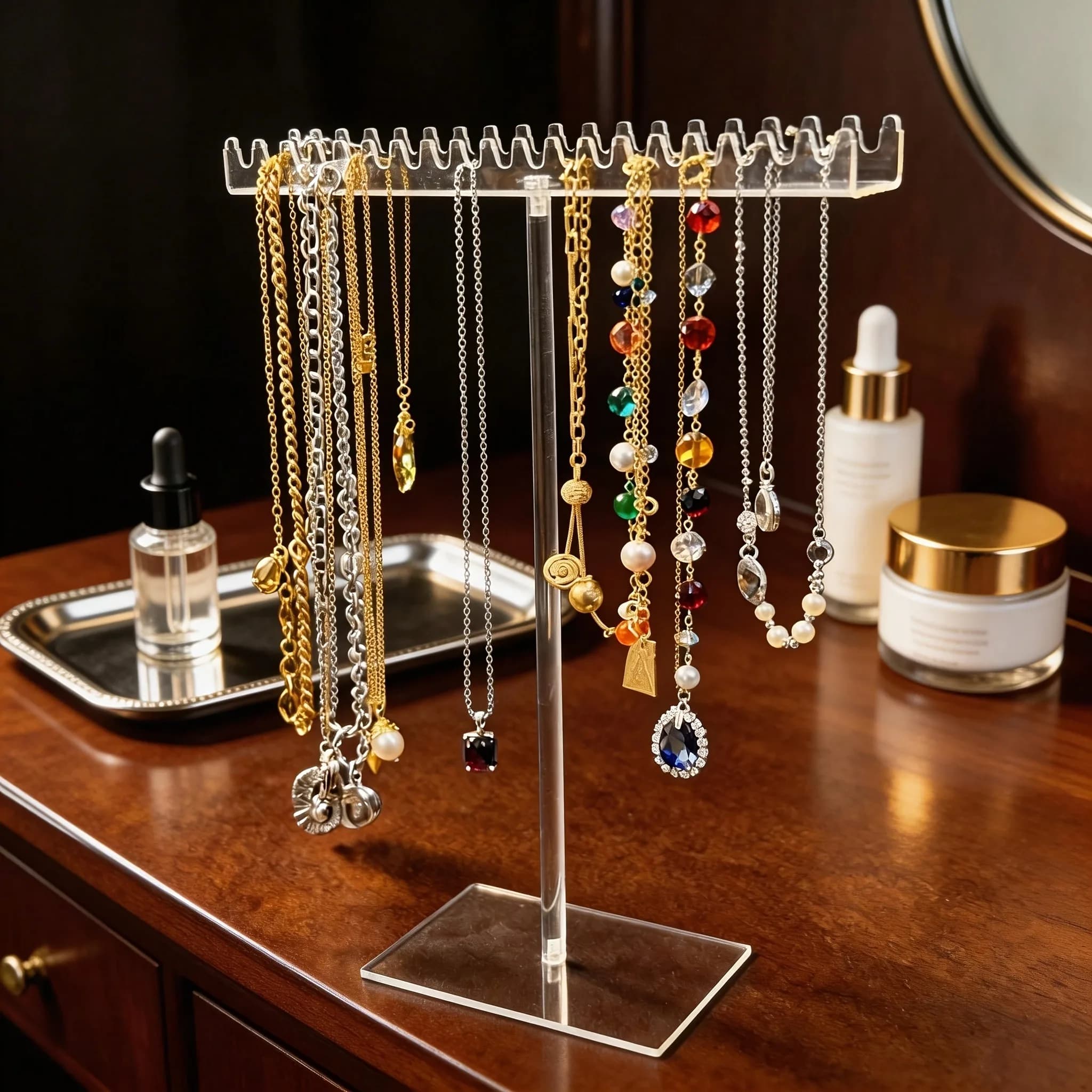 Clear Acrylic Jewelry Storage Rack, Multi-Hook Necklace Display Stand, Compact Transparent Organizer Box for Necklaces