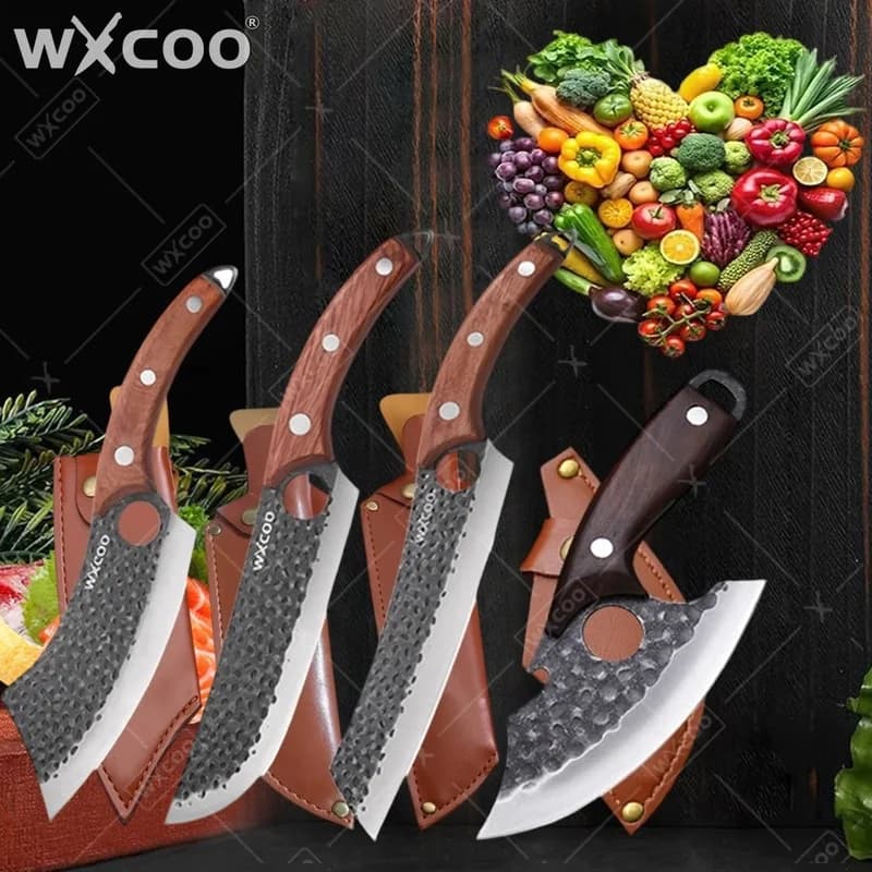 WXCOO Set di 4 Coltelli da Cucina in Acciaio Inox con Tagliere, Coltello da Macellaio Forgiato a Mano, Coltello per Affettare Frutta, Coltello da Disosso
