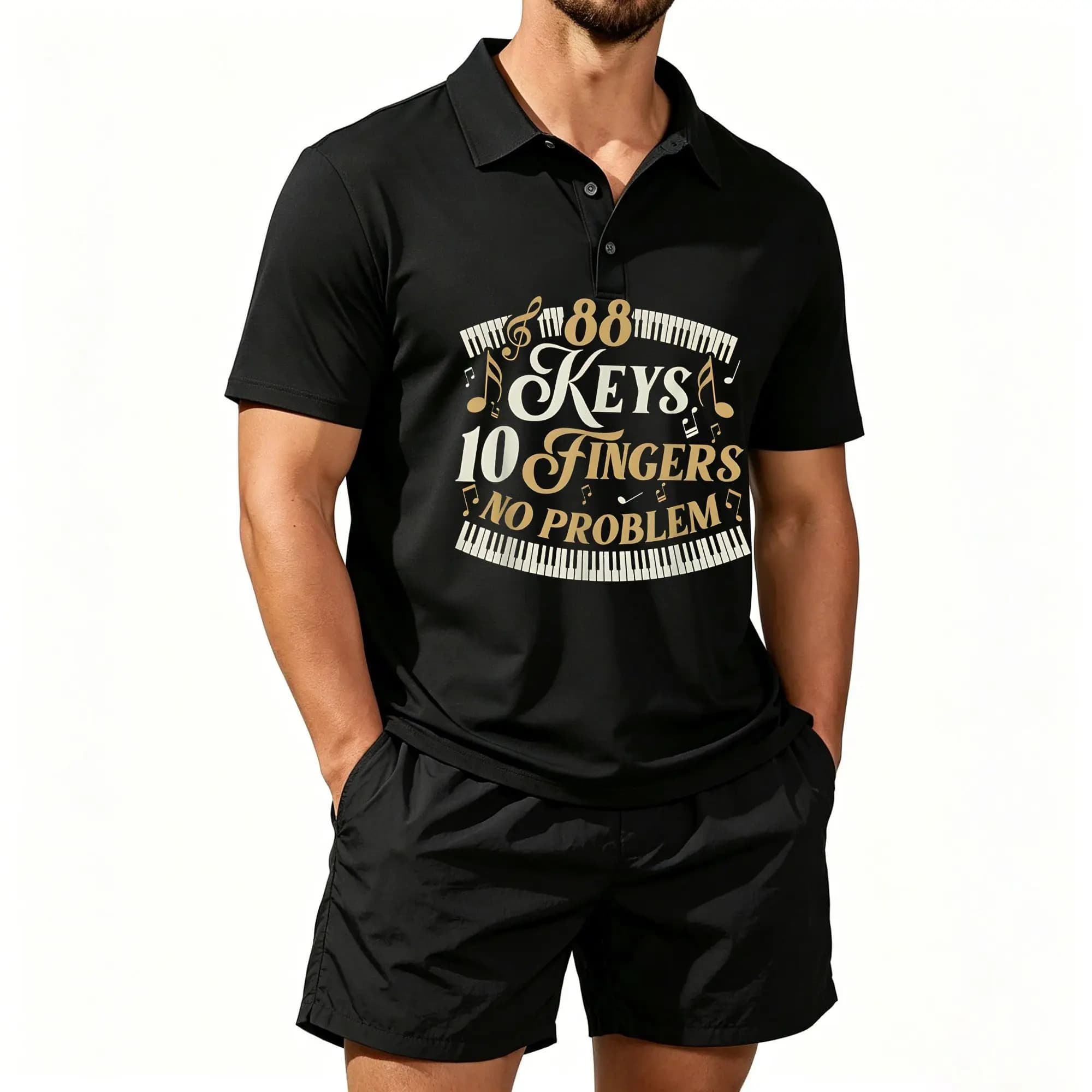Men's Polo Shirt and Beach Shorts Set. Eighty-Eight Piano Keys, Ten Fingers, Easy Control, Fun Slogan for Piano Players, Casual and Comfortable Fit, Well-Fitted on the Upper Body