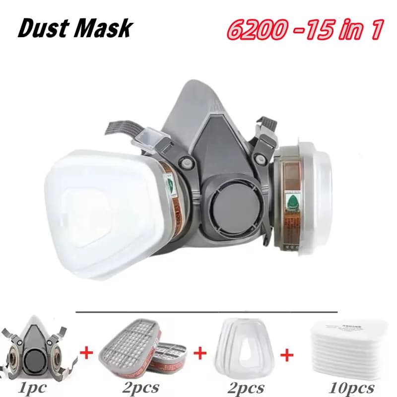 15 in 1 Respiratore originale 6200 Maschera antigas riutilizzabile con copertura a mezza faccia con occhiali con filtro in cotone per lavori di lucidatura a spruzzo di verniciatura
