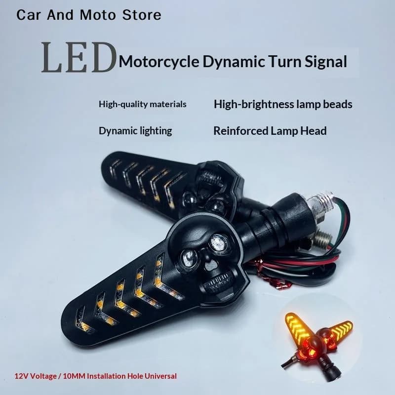 【CMO】1 Pair Dual Color Skeleton Arrow Amber Flashing Blinker Indicator Motorcycle Skull Head LED Turn Flowing Signal Light