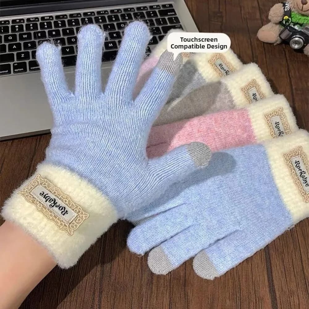 Sweet Korean Style Warm Knitted Gloves Cold-proof Touch-screen Girls Winter Gloves Thicken Cute Full Finger Mittens Cycling