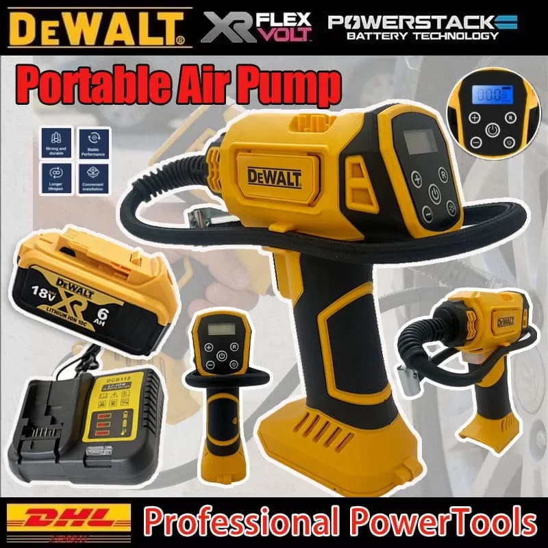 Compressore d'Aria DEWALT, Gonfiatore Automatico per Pneumatici, Pompa Elettrica Senza Fili con Manometro Digitale per Auto e Biciclette, con Caricabatterie