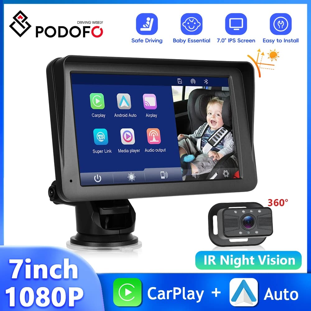 Podofo 7 '' Schermo IPS Monitor per auto Monitoraggio del bambino CarPlay Android Navigazione automatica AirPlay Android Cast Cam Lettore schermo intelligente