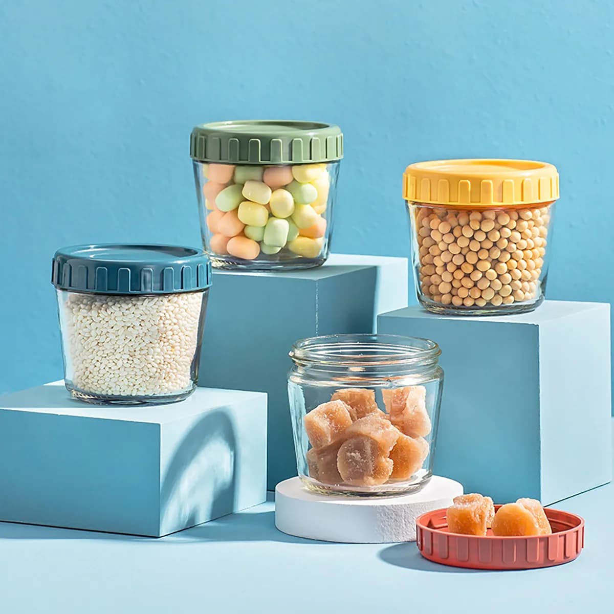 1Set Sealed Glass Food Storage Jar Airtight Storage Can for Kitchen Home Tea Candy Grain Yellow Blue Sealed Ring