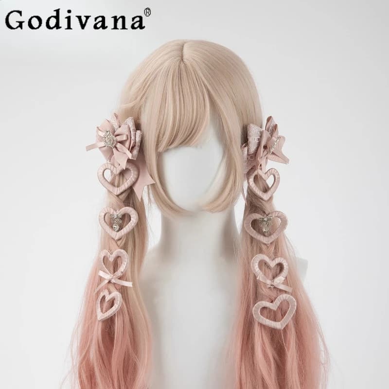 Originale Lolita Sweet Kawaii Girl Fiocco in pizzo Doppio fermaglio per capelli coda di cavallo Accessori per fermagli per capelli con cordino a forma di cuore giapponese carino