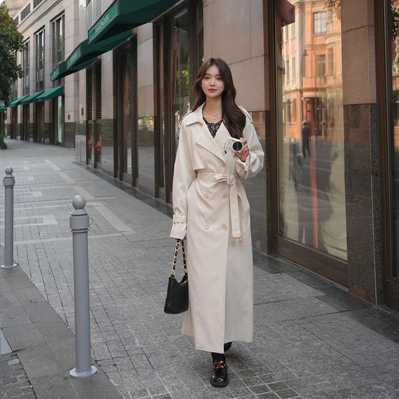 Womens Autumn Classic Double Breasted Long Trench Jacket with Belt Female Solid Color Lapels Windbreaker Winter Coat for Women