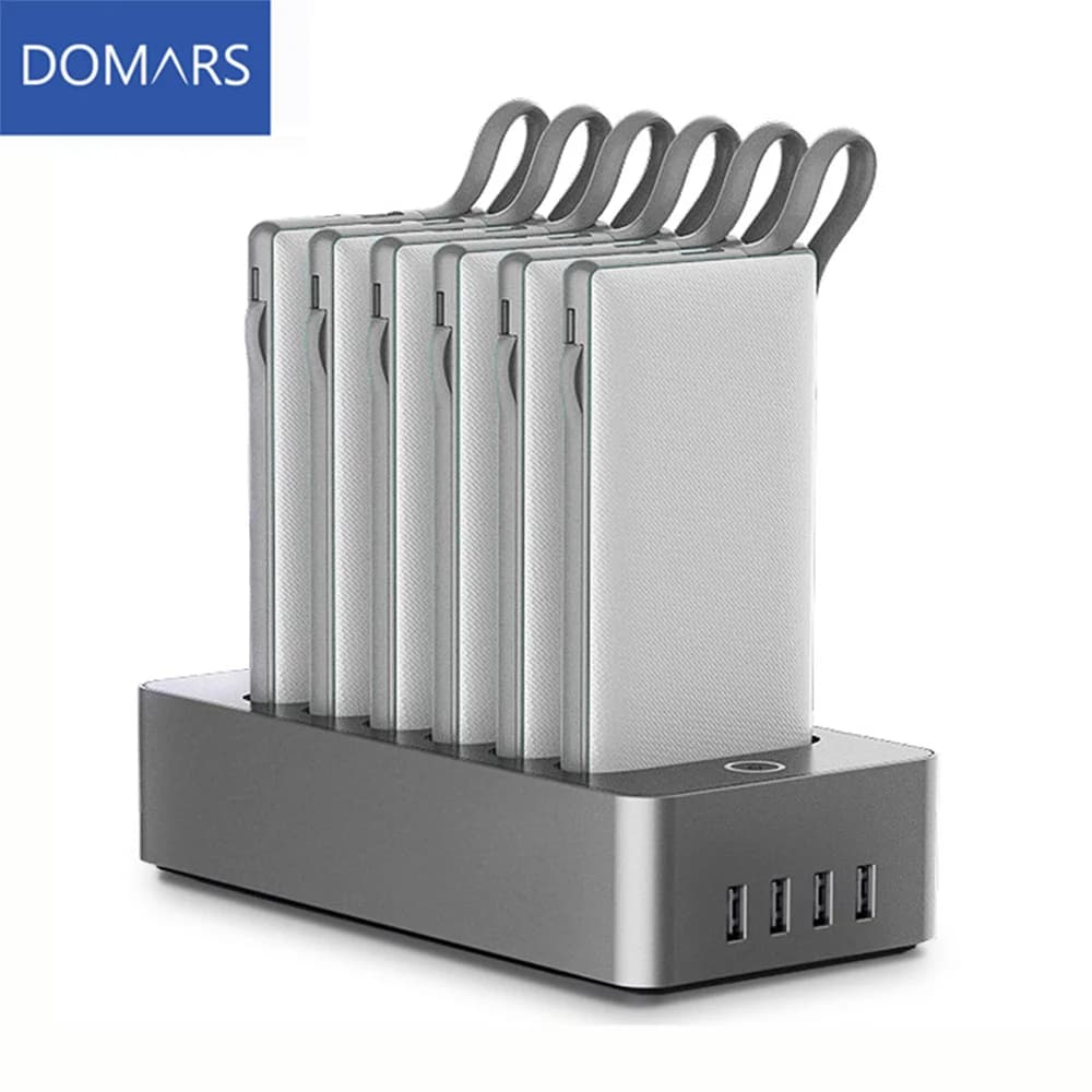 Domars Shared Power Bank 6x1000mAh PD 22.5W Fast Charging Built-in Charging Cable and Charging Base for Home Office and Cafes