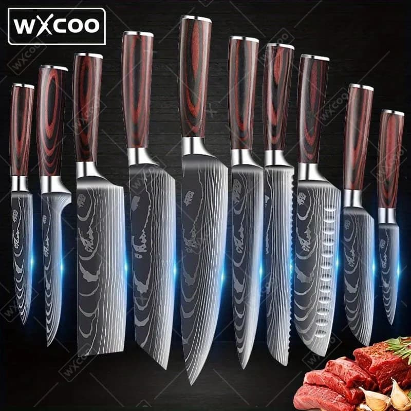 Set of 10 High Carbon Damask Steel Knives, Includes Chef Knife, Multipurpose, Trinciante, Santoku, for Vegetable, Meat and Bone