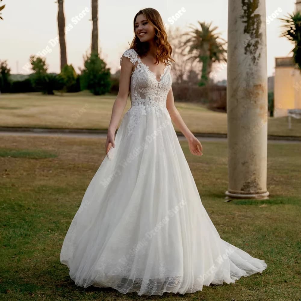 Squisiti abiti da sposa da donna a-line moderni scollo a V applicazioni di pizzo abiti da sposa senza maniche abiti da sposa 2025 personalizzati