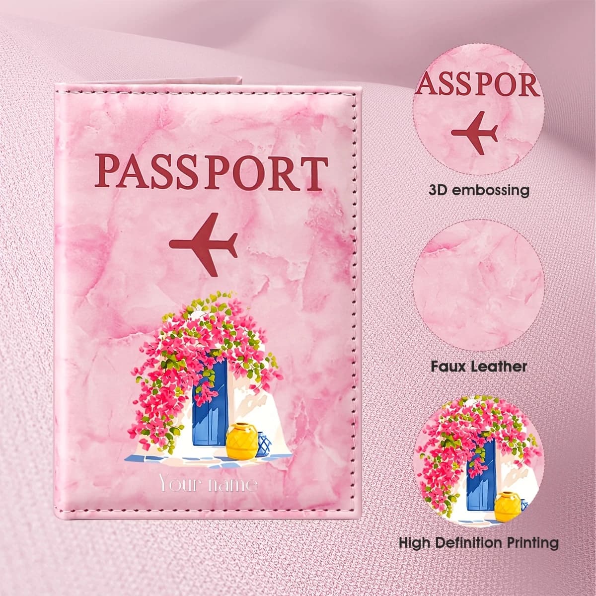 Custom Name Spring Cherry Blossom Window Design PU Passport Holder, Romantic Japanese Courtyard Style with Pink Cherry Blossoms