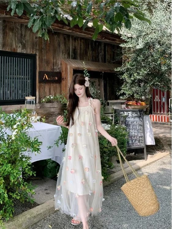 Beach Vacation Style Beautiful Flower Lace Strap Dress Women Summer 2026 New Loose Slim Long Skirt Korean Version A-Line Dress