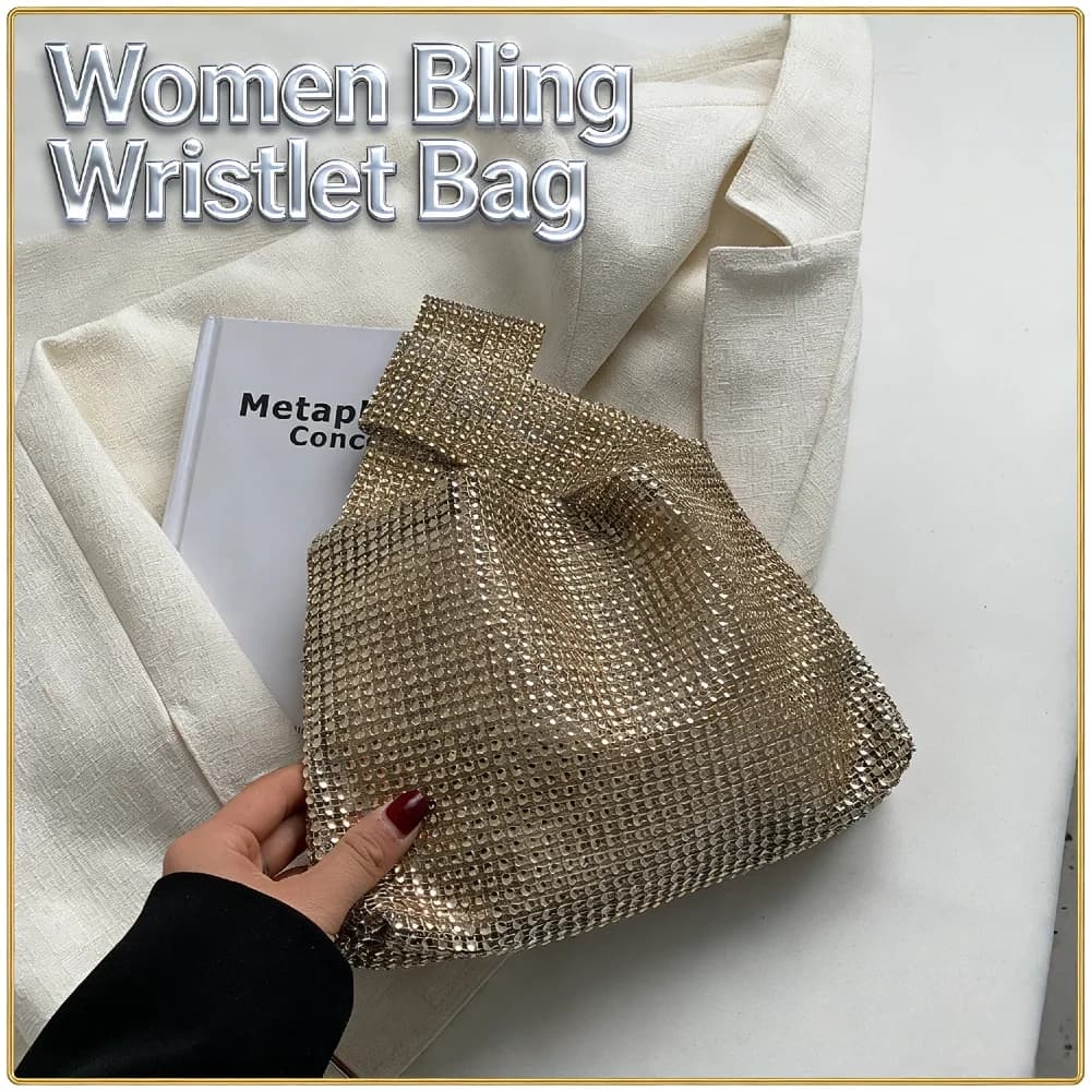 Pochette da donna versatile con strass scintillanti, piccola borsa da sera di lusso in tinta unita, chiusura magnetica in poliestere premium, par formale