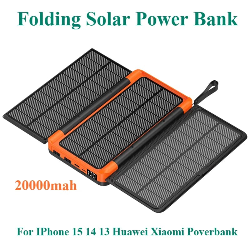 Per IPhone 15 14 13 Huawei Xiaomi Poverbank 20000mAh banca di energia solare pieghevole con 3 pannelli solari Qi caricabatterie Wireless Powerbank