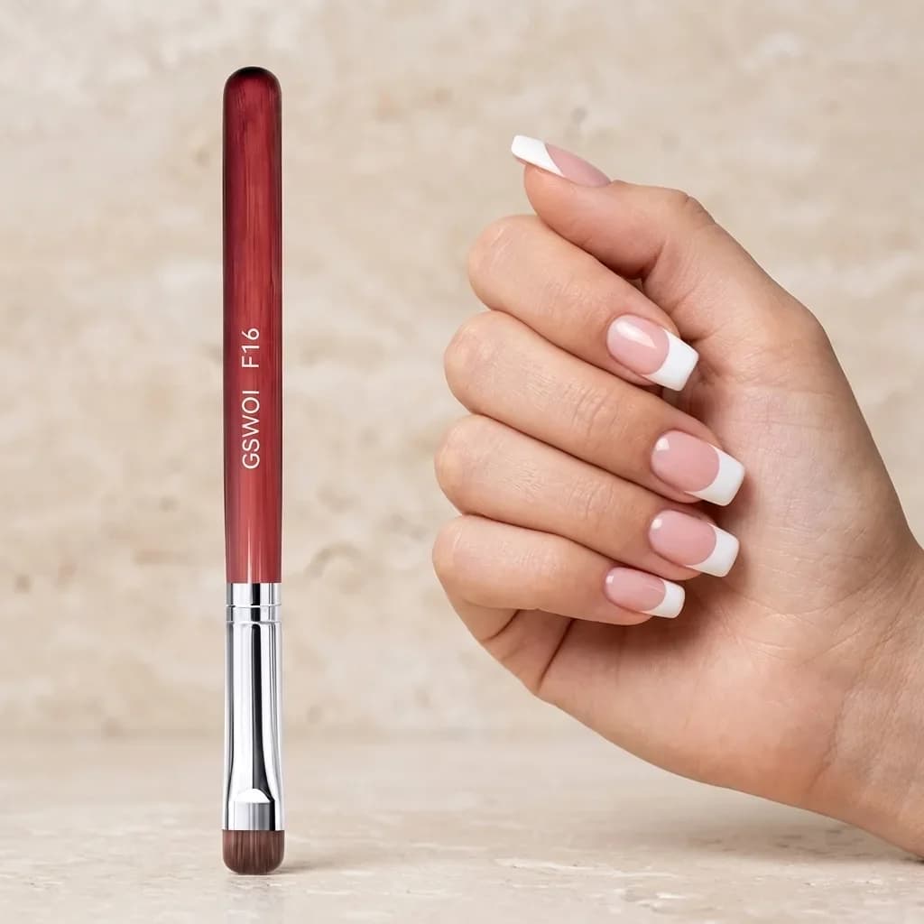 F16 Flat French Nail Brush Red Wooden Handle Acrylic Nail Gel Brush UV Gel Painting Rhinestone Pick Up Manicure Tool For Salon DIY Nail Art