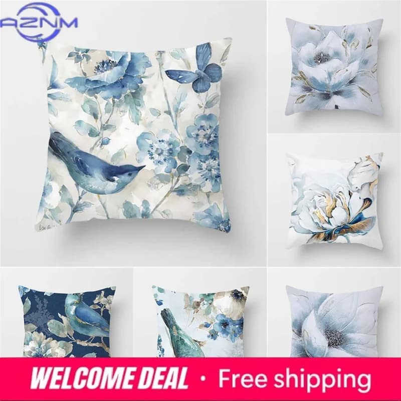 Fodera per cuscino floreale con stampa acquerello blu, decorazione per divano e soggiorno, cuscino quadrato 45x45cm