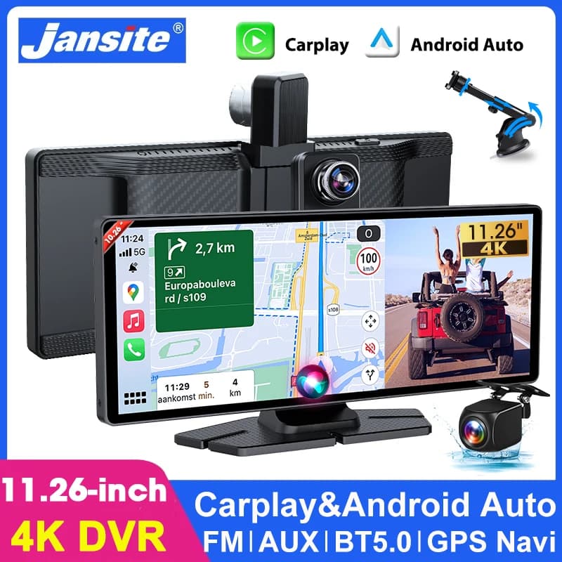 Dash Cam 11.26\" with 4K Camera, Carplay Wireless, Android Auto, Touch Screen, DVR for Auto, GPS Navigation, Video Recorder for Dashboard, BT, FM, AUX