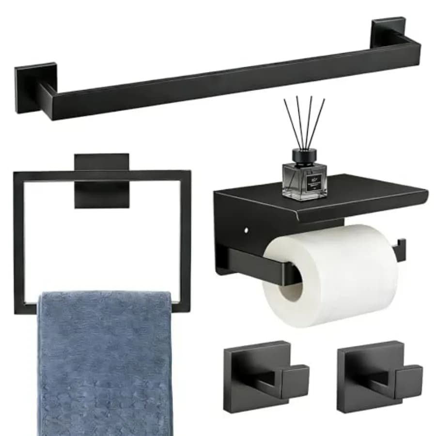 Set di accessori per il bagno: nero opaco, acciaio inossidabile SUS 304, set di accessori da parete in 5 pezzi, inclusa portasciugamani da 16 pollici.