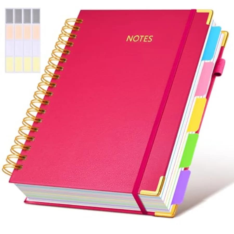 Hardcover Spiral Notebook Journal with Removable Dividers Tabs, 300 Pages Leather 5 Subject Notebook College Ruled, 8"x0" Large