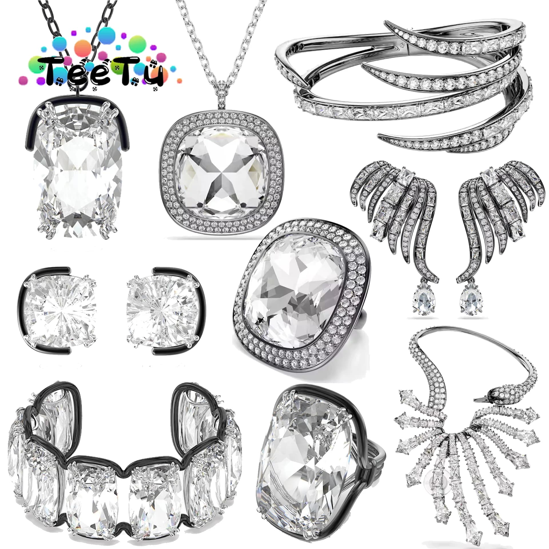 2026 Exquisite Light Luxury Party Jewelry Set Charming Black and White Geometric Crystal Women's Necklace Bracelet Ring Earrings