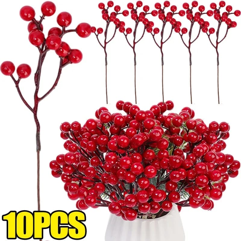 1-10 pieces artificial flower Christmas berries red branches cherry stamen ornaments for Christmas tree Noel 2023 garland decorations DIY