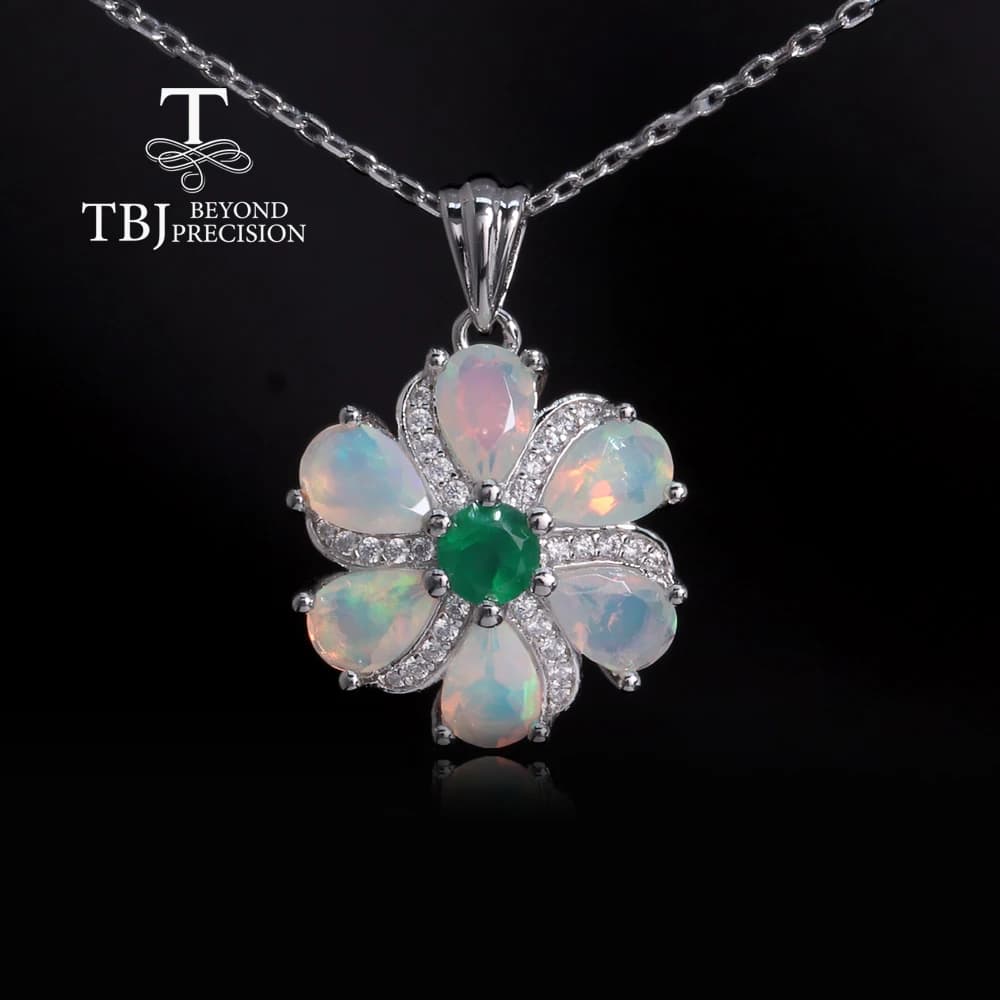 Original flower-shaped design in silver S925 with precious stones of natural opal green agate etyopia fine jewelry for elegant women's jewelry