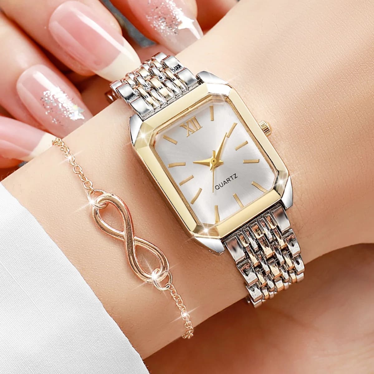 2Pcs Women Watch & Bracelet Set Two-Tone Gold Silver Square Quartz Wristwatch with Infinity Charm Jewelry Gift