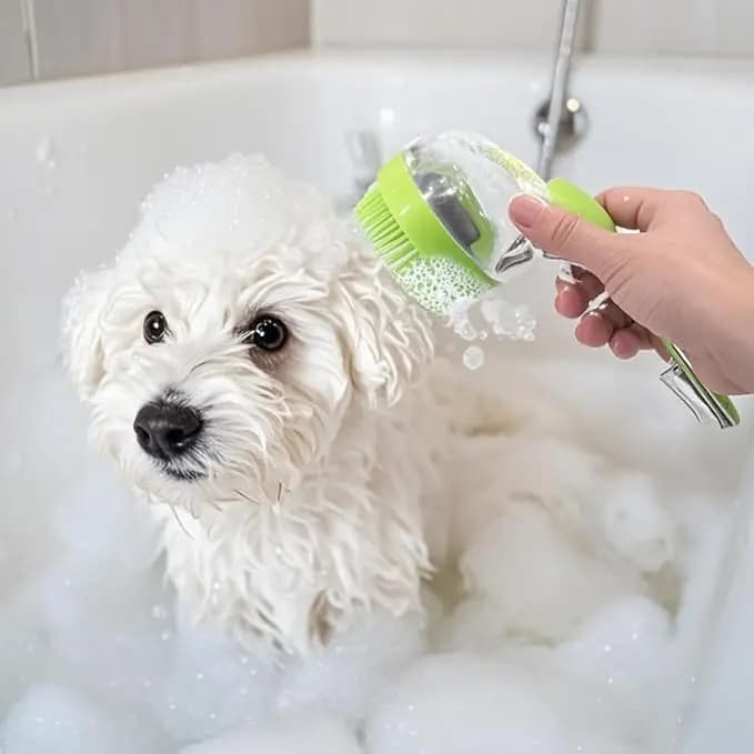 1 pcs Pet Bath Brush with Shampoo Dispenser - Silicone Massage Grooming Tool for Cats & Dogs, Long Handle Dog Cat Bath Brush for Wet/Dry Use Green (ABS + Food-Grade Silicone, 7.5")