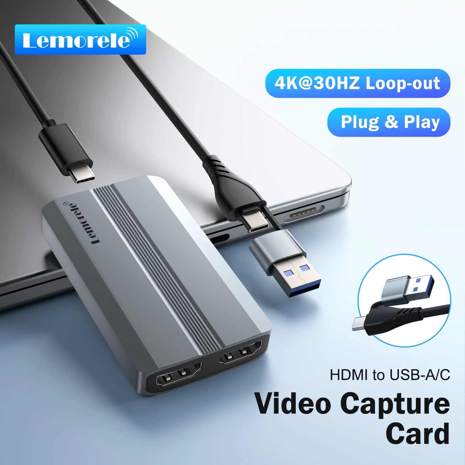 Scheda di acquisizione video Lemorele 4K Compatibile con HDMI su USB A/Tipo C Videoregistratore per la registrazione di giochi Grabber in streaming live per PS4