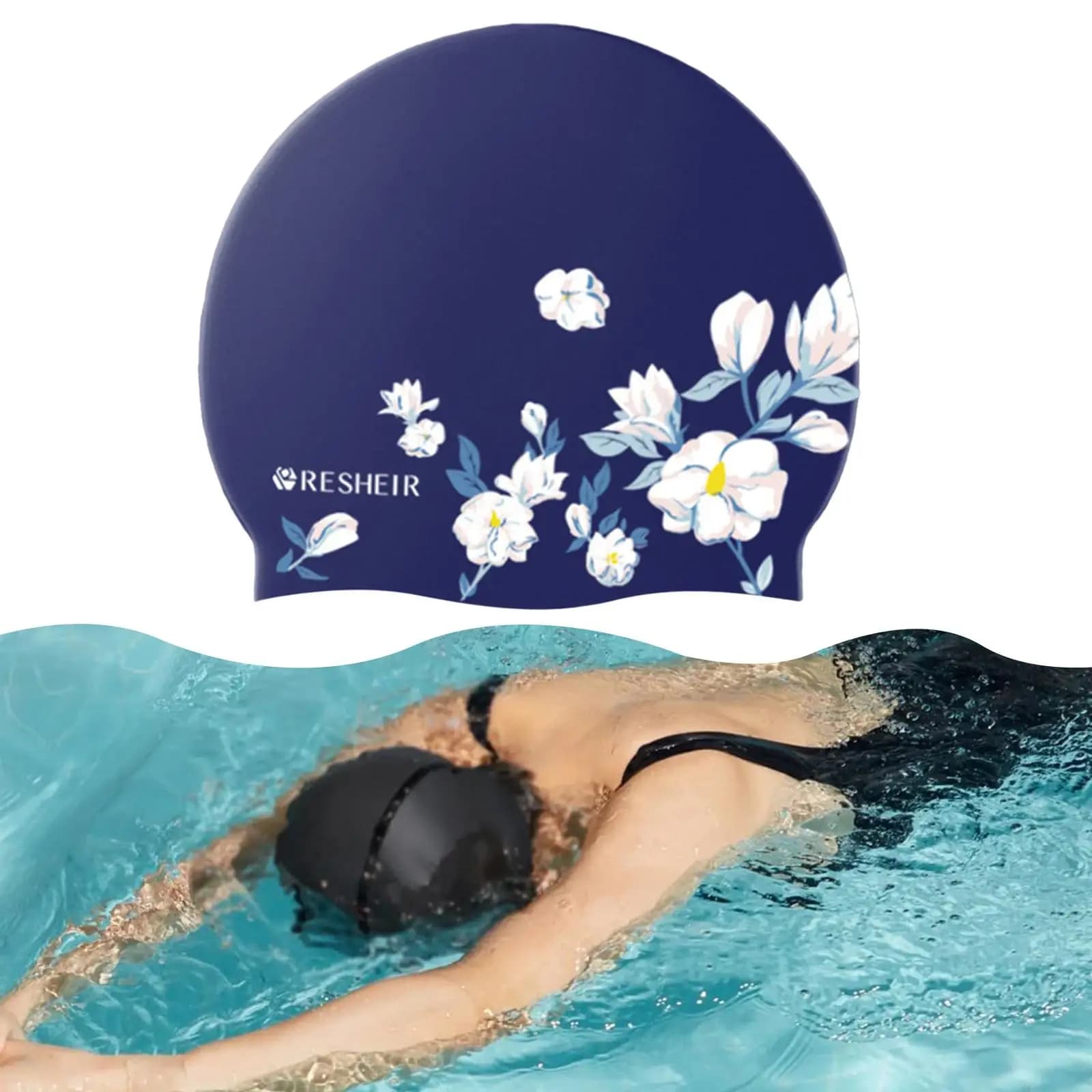 Silicone Swim Cap for Women Long Hair Girls Elastic Flower Print Swimming Accessory for Pool Beach Training