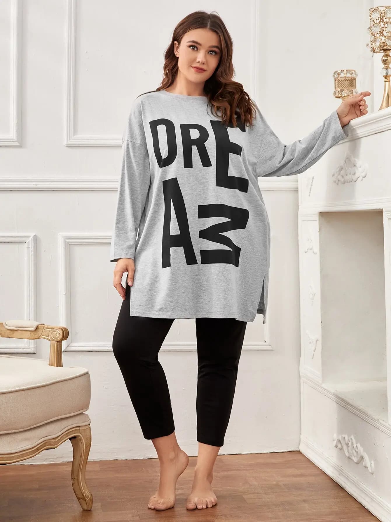 Plus Size Women's Graphic Drop Shoulder Split Hem Pajama Set with Long Sleeves