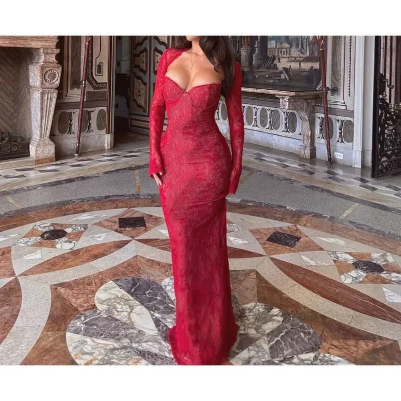 Autumn and Winter New Lace See-through Shawl Long-sleeved Small Top Sexy Tight Tube Top Fishtail Skirt Set