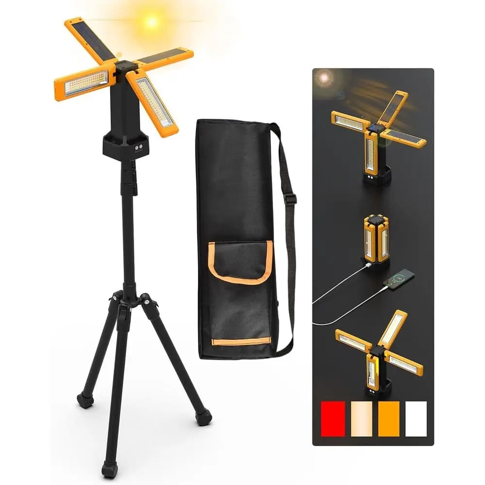 Lampada da Lavoro Portatile 13200mAh con Supporto Regolabile, 8000 Lumen, Dimmerabile, Modalità Multicolore, Treppiede Arancione Staccabile