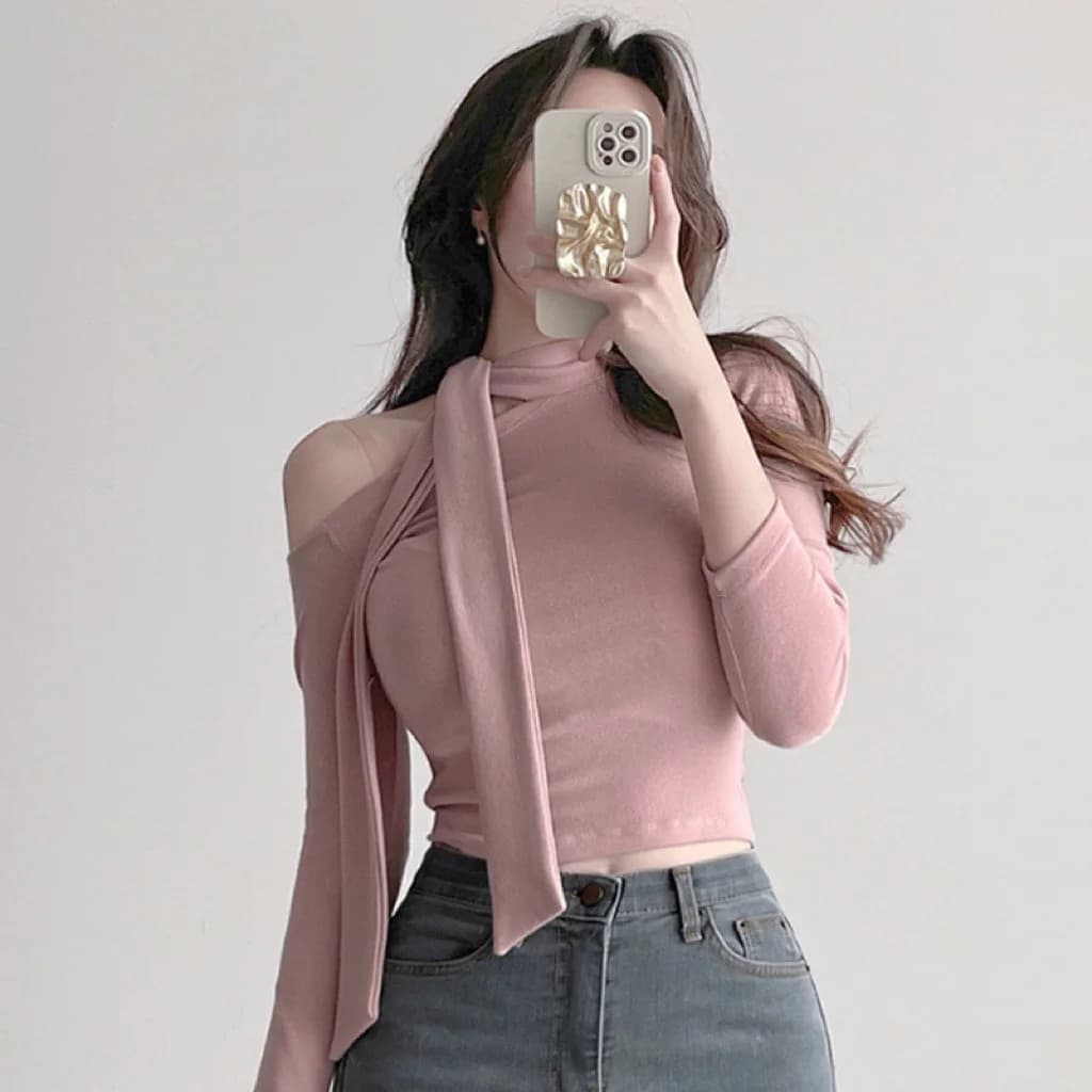 Dongda Gate New Style Long Sleeve T-Shirt Women's Slim Fit Bodice Sash Elegant Pink Color Commute Style Spring Season
