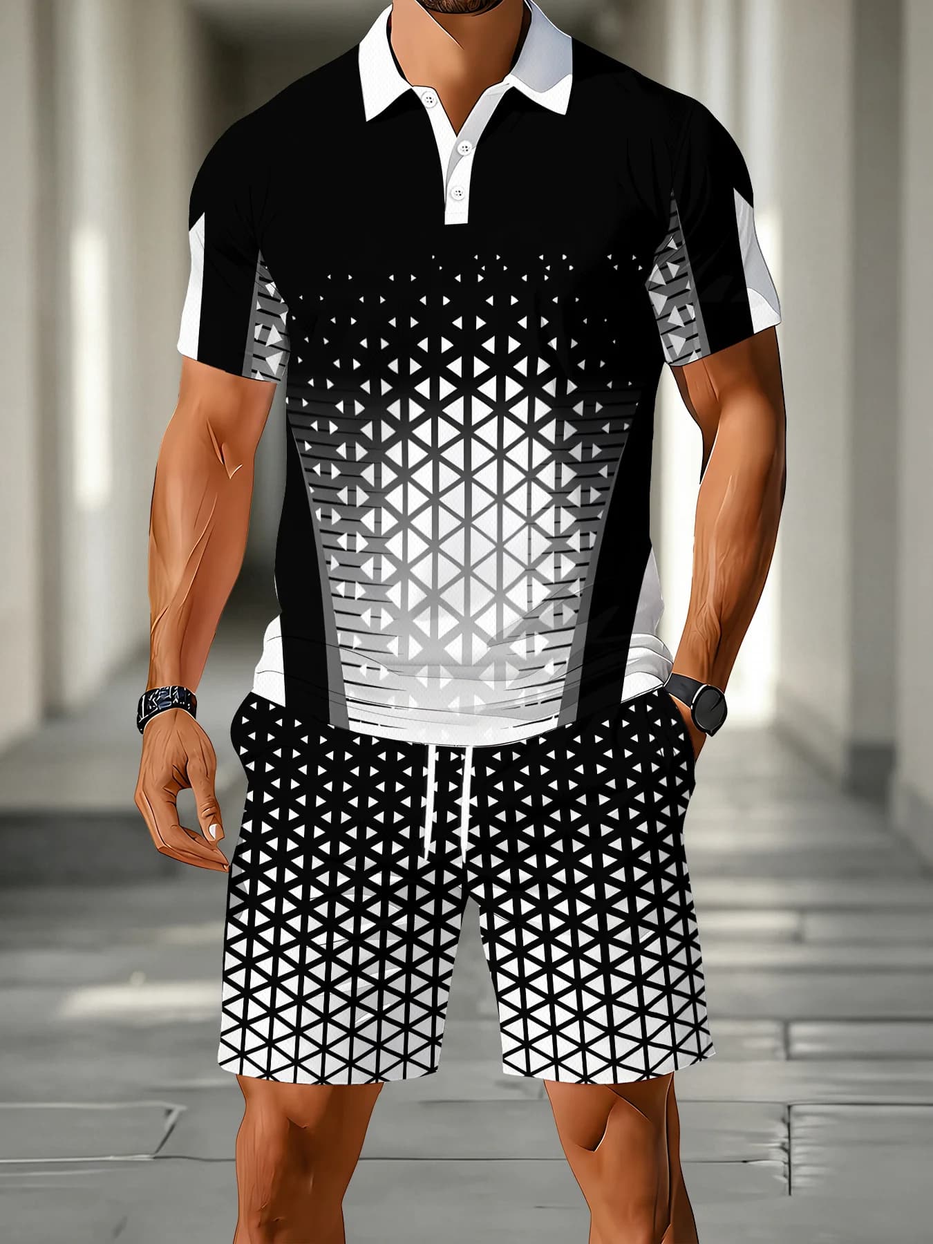 New Arrival Mens Gradient Triangle Polo 2‑Piece Set Geometric Print Short Sleeve Drawstring Shorts for Street and Casual Wear