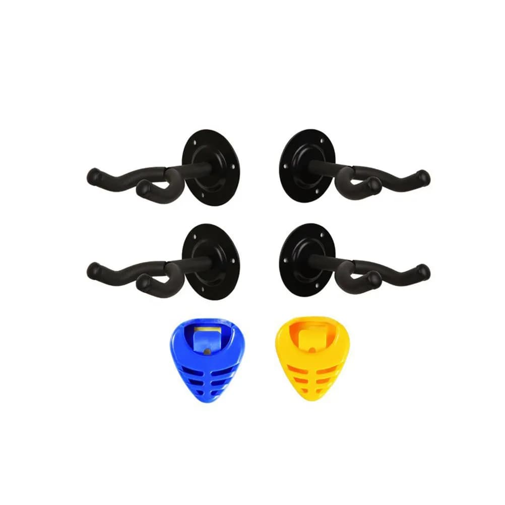 Set di 4 Ganci da Parete per Strumenti Musicali, Supporto per Chitarra Acustica ed Elettrica, Basso, Violino, Salvaspazio con Organizzatore per Plettri