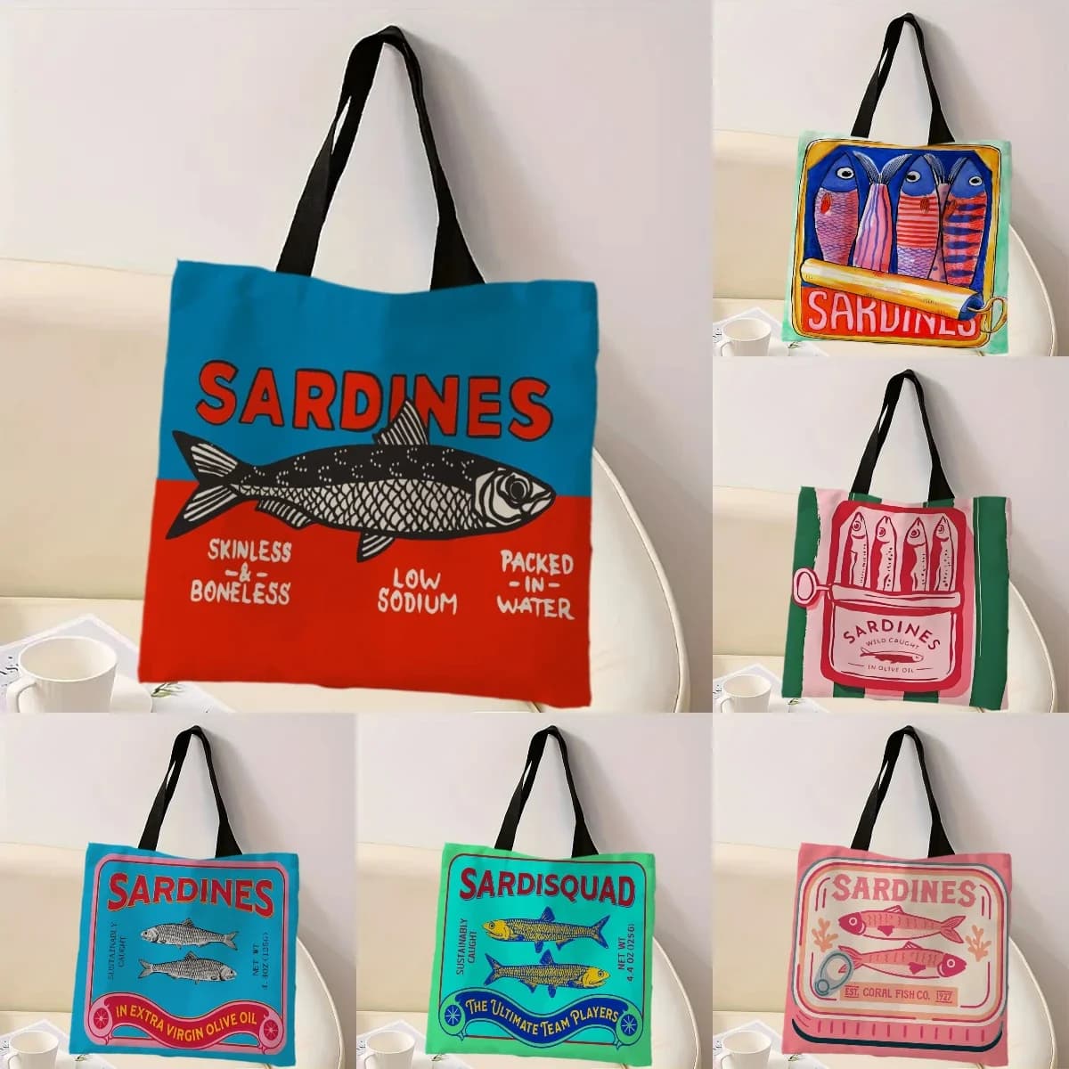 Borsa casual colorata alla moda con stampa di sardine, zaino alla moda riutilizzabile, borsa tote multifunzionale in poliestere