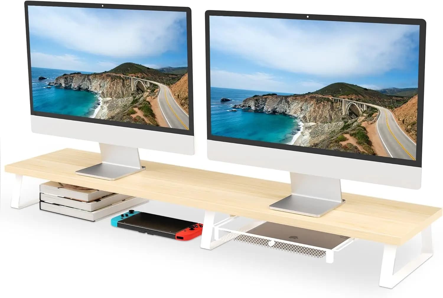Support for Double Monitor with Cassetto e Vano Portaoggetto, Desk shelf in Wood for PC, Laptop, Screen - Finish Oak