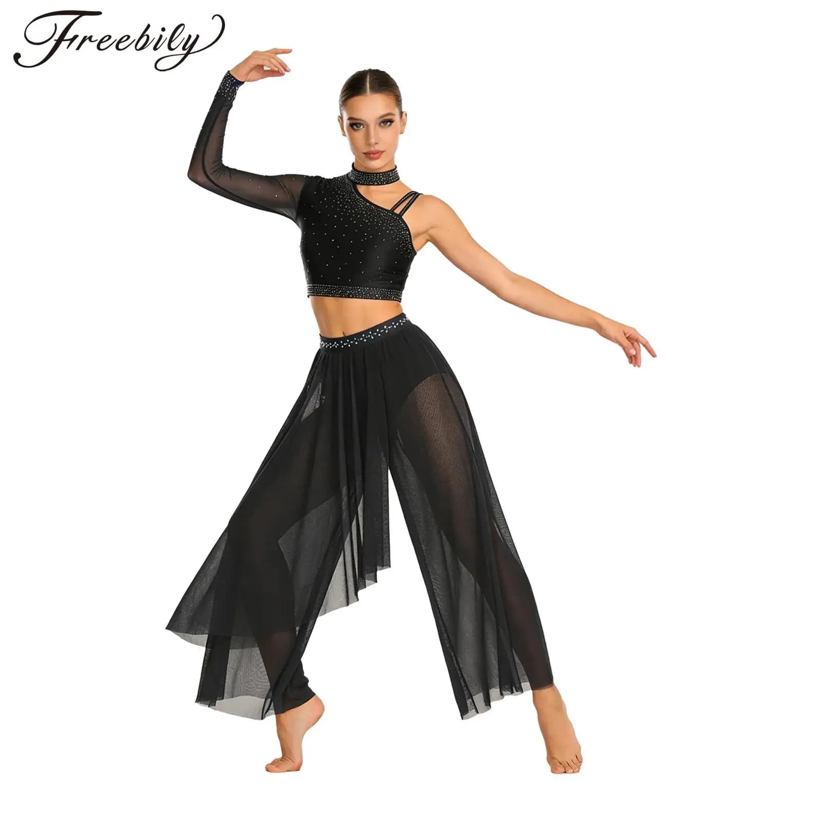 Costume da Danza Lirica Moderna per Donna, Top Corto Lucido con Pantaloni Trasparenti e Slip Incorporato, Outfit per Pattinaggio, Ginnastica e Balletto