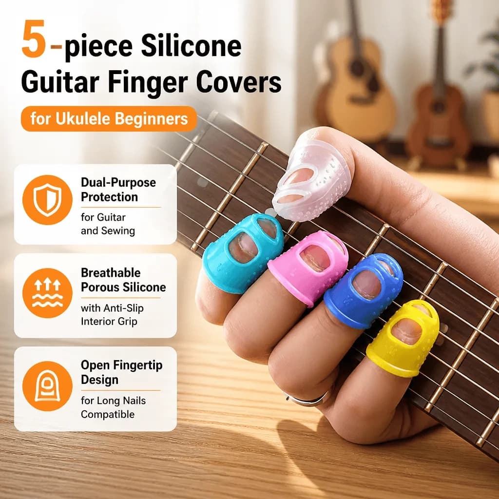 Guitar Finger Protector Silicone Sleeve Ukulele Finger Caps Anti-Slip Sewing Thimble Breathable Cover Long Nails Female Beginner