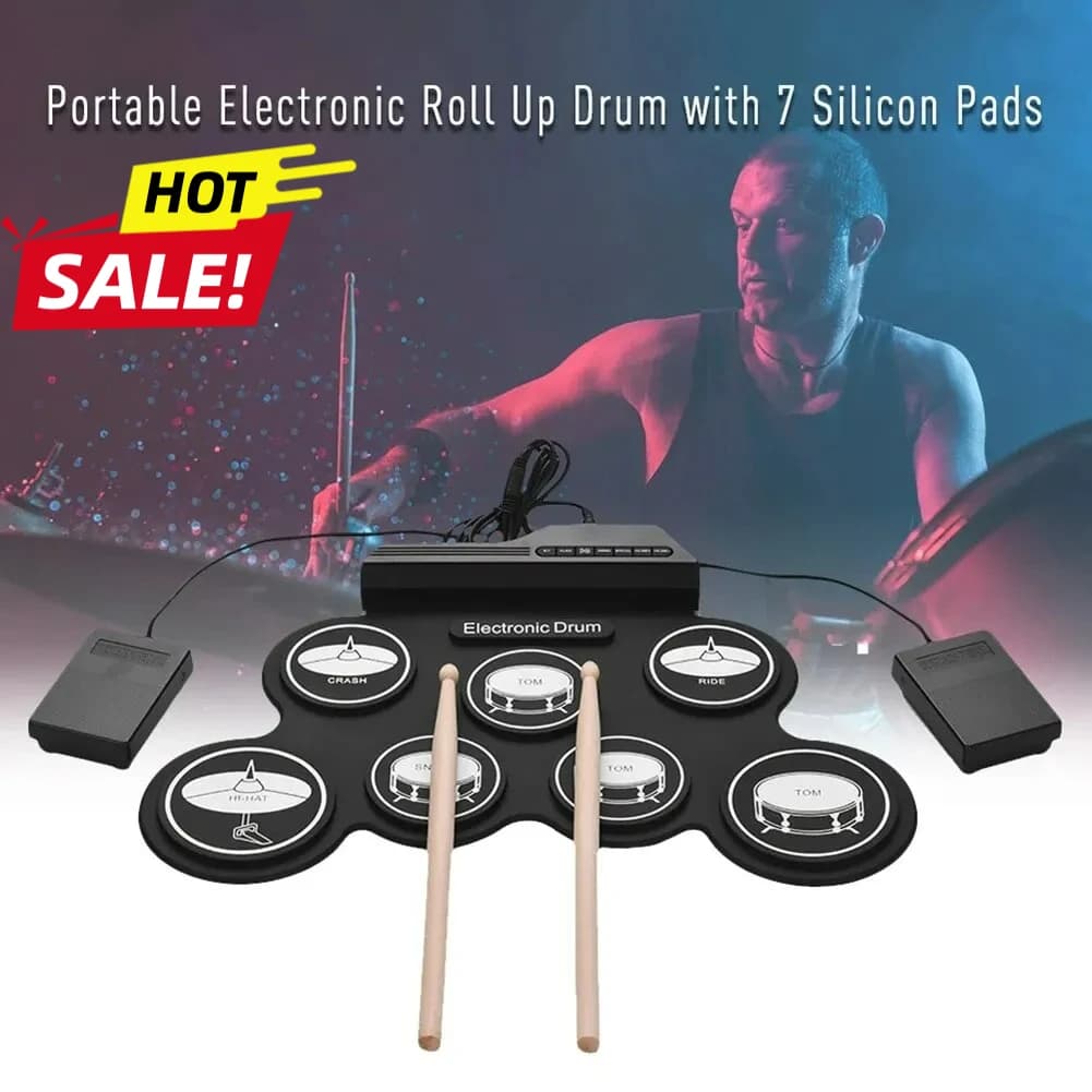 2026 Nuovo kit di pad per batteria portatile per batteria elettronica USB pieghevole in silicone con pedale di sostegno per bacchette