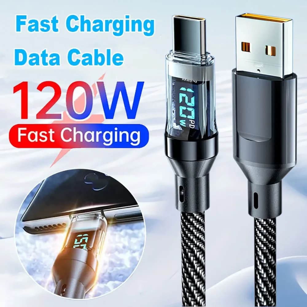 Cavo USB da 120W da USB A a Tipo C con display digitale, ricarica rapida, cavo di trasmissione dati da USB C a Tipo C per telefoni Xiaomi, Samsung, Huawei