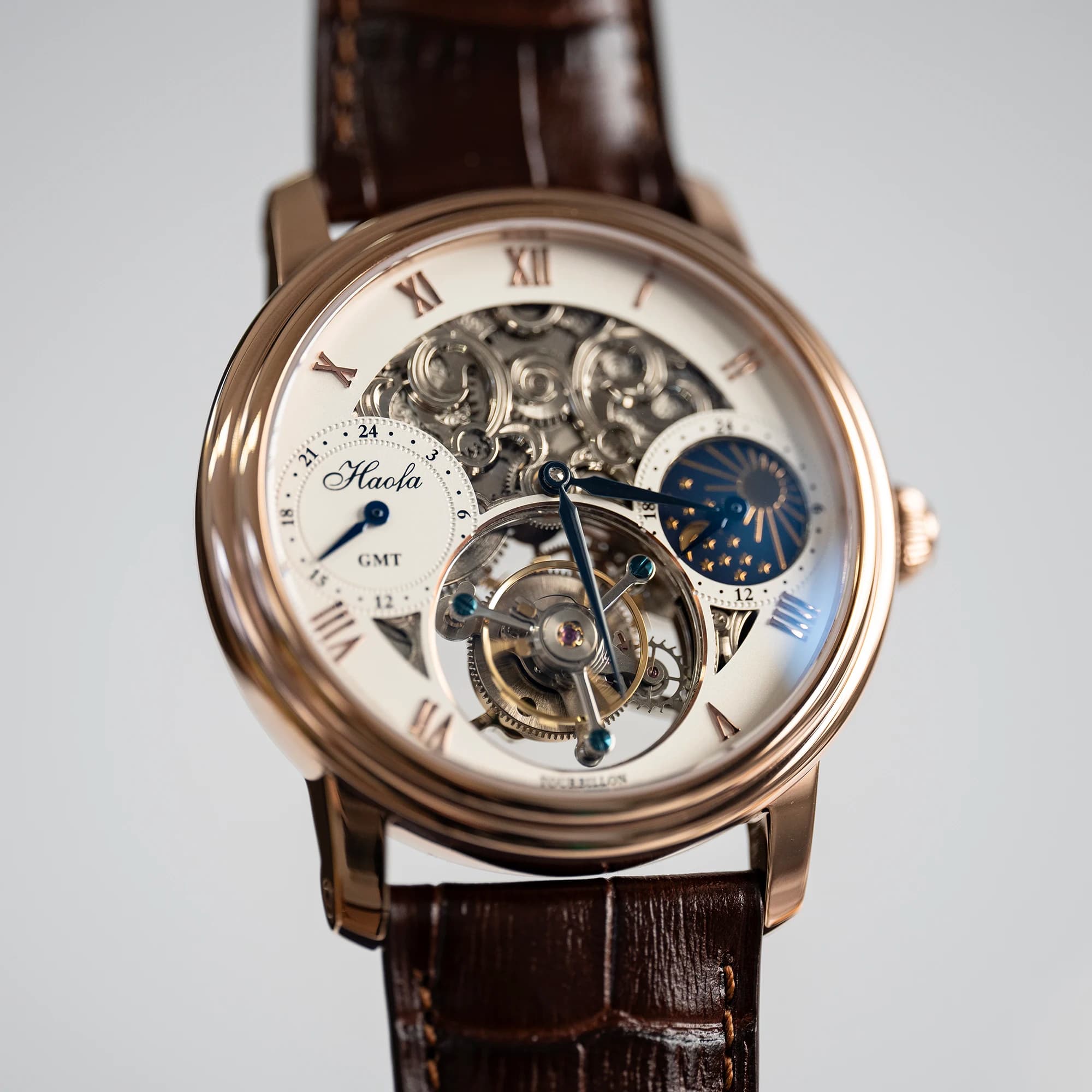 Haofa Manual Tourbillon Wristwatch for Men GMT Moonphase Skeleton Movement Mechanical Sapphire Mens Watches Business Casual 1028