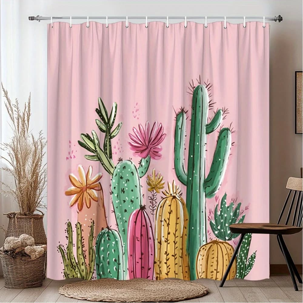 Tenda da doccia Cactus Garden con piante succulente colorate su sfondo rosa, tenda da bagno in poliestere con ganci per decorazioni Boho